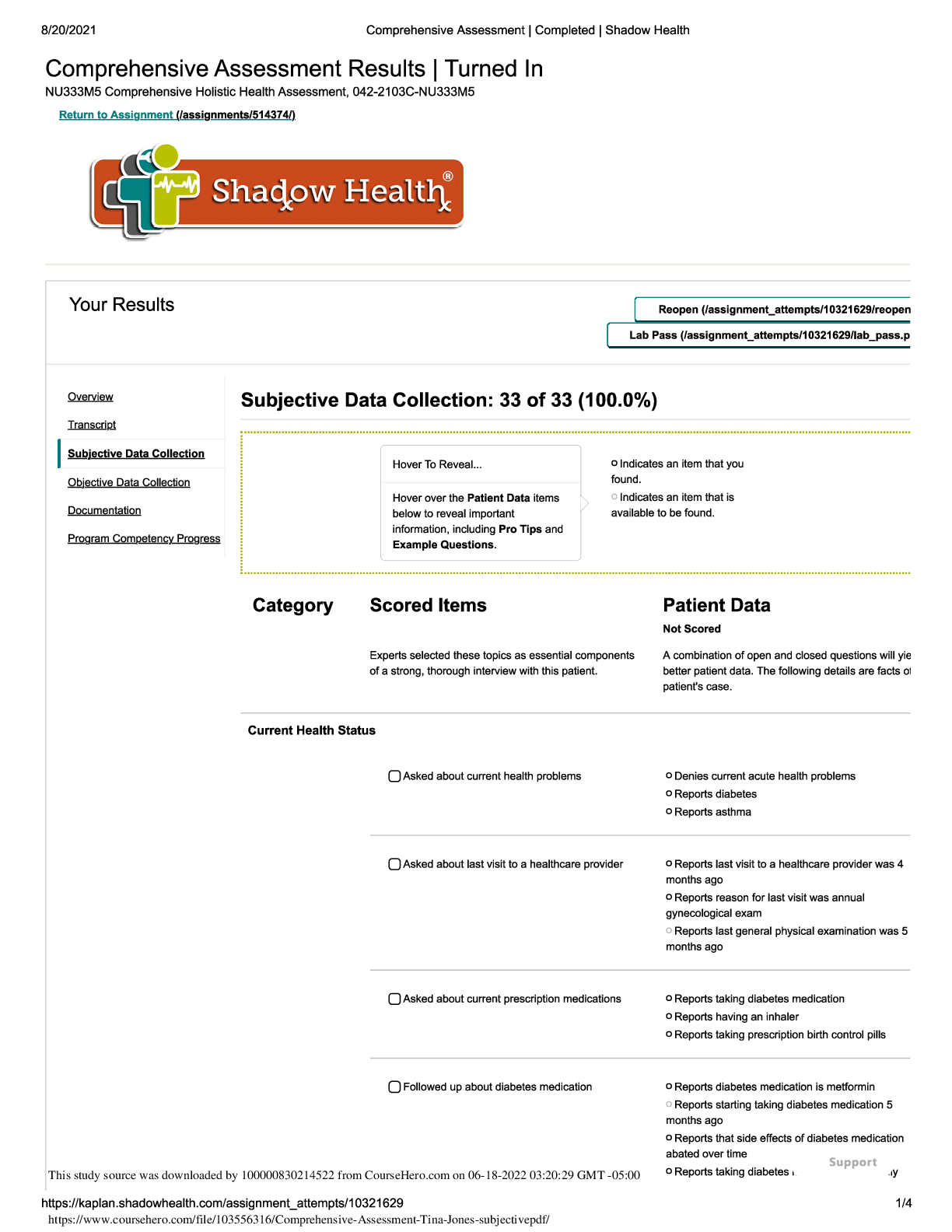 Preview image of Comprehensive Assessment- Tina Jones subjective document